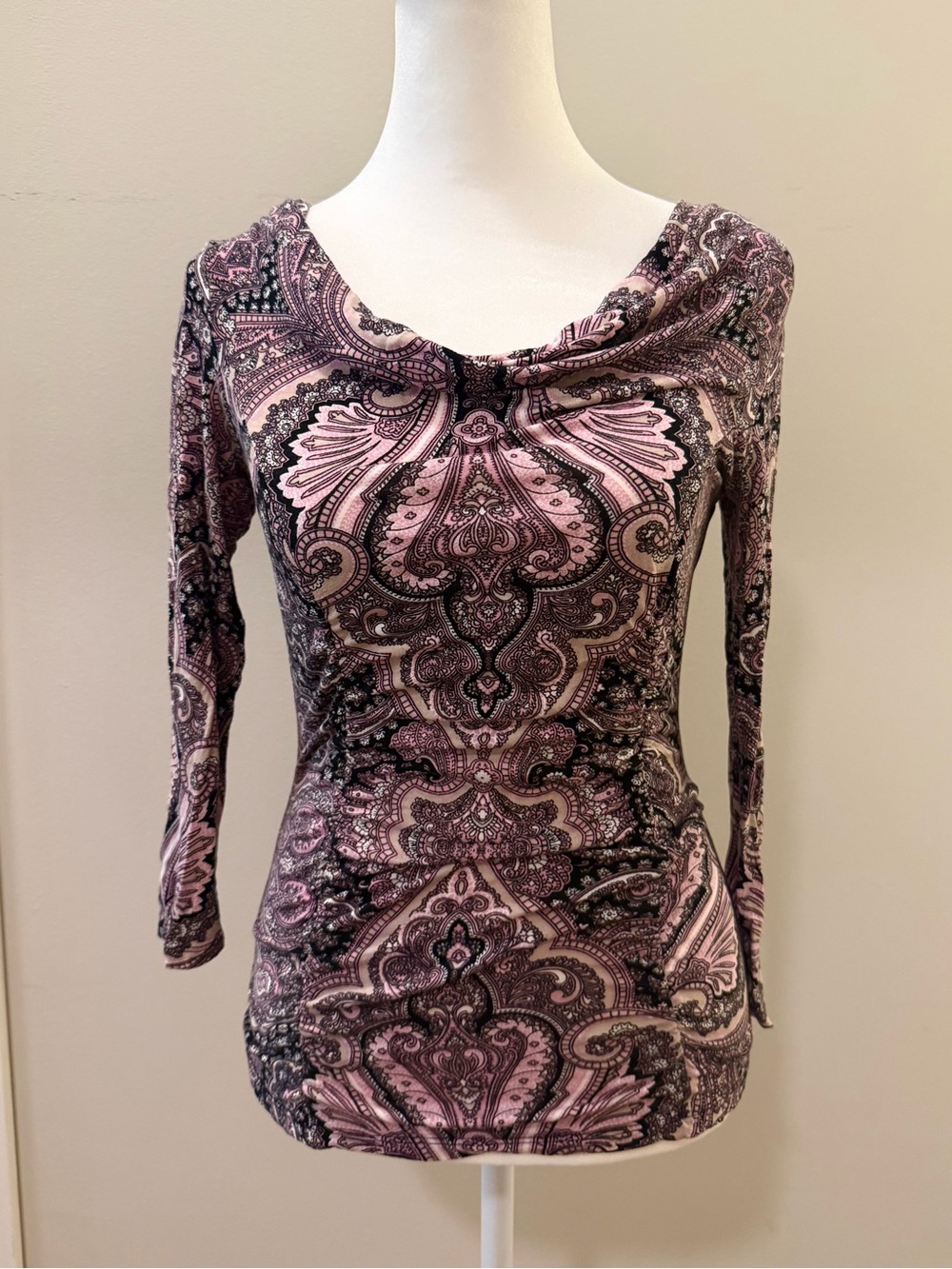 INC International Concepts Pink & Black Paisley Scoop-Neck Long Sleeve Top